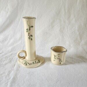 Vintage Mountain Meadows Pottery Candlestick Bud Vase Duo Floral Inlay Print USA